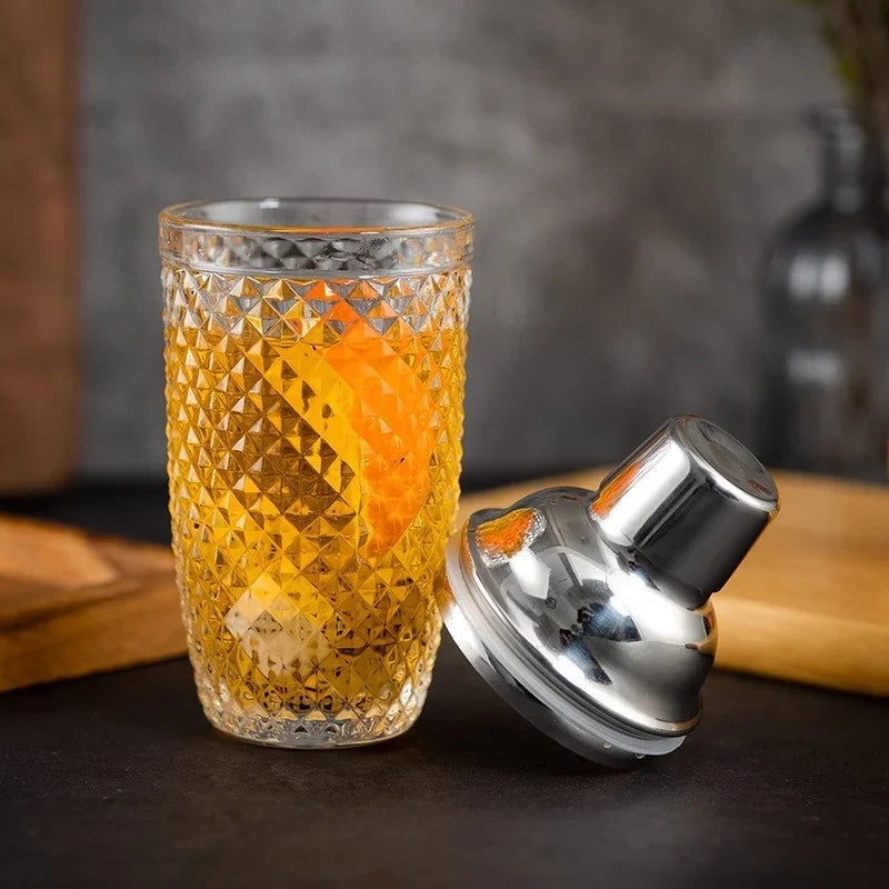 Glass Cocktail Shaker Martini Mocktail Making Set with Leakproof Metallic Steel Lid Woven Pattern Glass Cup Home Use Bar Gadget
